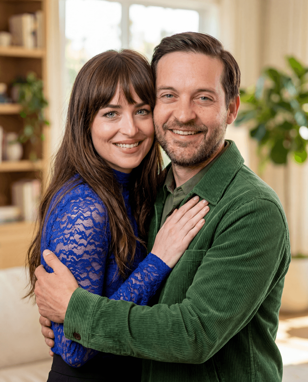 /imagine prompt: Tobey Maguire and Dakota Johnson, both looking directly into the camera, sharing a warm, affectionate side-by-side hug. Dakota's hand is gently resting on Tobey's chest. Their expressions are soft, genuine, and convey a sense of comfort and subtle joy. The lighting is natural and soft, suggestive of an indoor setting with ample window light, creating a slightly warm and inviting atmosphere. Shot with a Sony Alpha a7R IV, 85mm f/1.4 lens, ISO 400, shutter speed 1/200s. Realistic, highly detailed, professional photography, cinematic, ultra-sharp focus on their faces, shallow depth of field, warm color grading. --ar 16:9 --v 5.2 --style raw