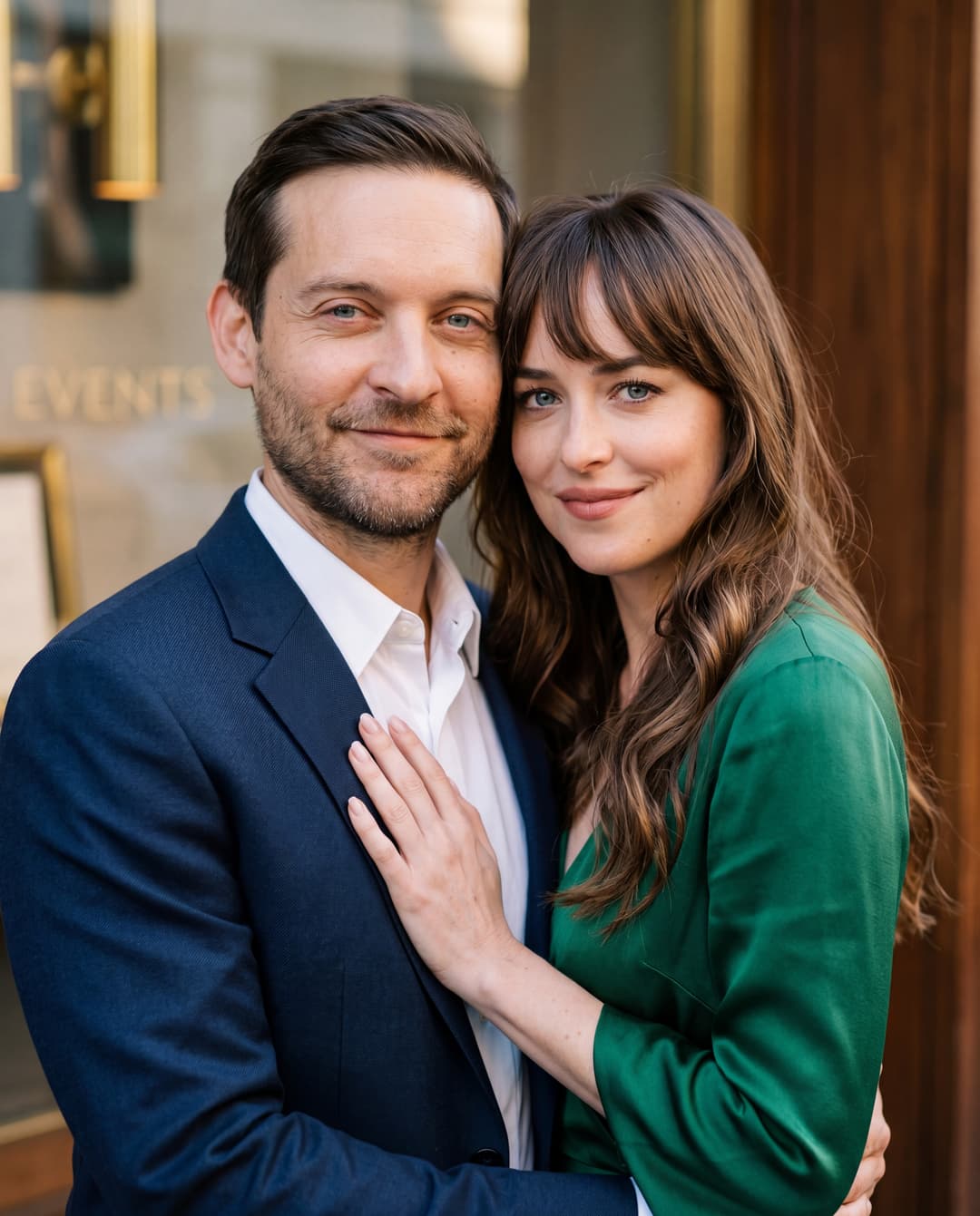 **Subject:** Tobey Maguire and Dakota Johnson, side-by-side, locked in a tender embrace. Both are gazing directly into the camera with a heartfelt, warm expression. Dakota's hand rests gently on Tobey's chest.

**Style:** Hyperrealistic photography.

**Lighting:** Soft, natural golden hour lighting, diffused to create a warm and inviting glow, highlighting their facial features and the textures of their skin and clothing. Rim lighting subtly defines their silhouettes.

**Composition:** Medium close-up shot, framing them from the waist up, allowing for an intimate focus on their expressions and interaction. The background is softly blurred (bokeh) to keep the primary focus on the subjects, hinting at an elegant, upscale environment without distracting.

**Details:**
*   **Tobey Maguire:** Capturing his mature, slightly rugged handsomeness, with subtle laugh lines around his eyes, conveying warmth and sincerity. His eyes are bright, engaging the viewer directly. Dressed in a sophisticated, well-tailored dark suit jacket over a crisp, light-colored shirt, slightly unbuttoned at the collar.
*   **Dakota Johnson:** Her characteristic elegant and slightly enigmatic beauty, with a gentle, knowing smile. Her hair is styled in soft, flowing waves, framing her face. She wears a luxurious, subtly textured evening gown in a deep jewel tone (e.g., emerald green or sapphire blue), complementing her skin tone. Her hand on Tobey's chest is relaxed, showing subtle vein definition and manicured nails.
*   **Interaction:** The hug feels genuine and comfortable, conveying a deep connection. Their bodies are angled slightly towards each other, creating a natural V-shape.
*   **Expression:** Both have eyes that convey a sense of shared history and contentment, looking directly into the lens with a sense of quiet confidence and approachability.

**Camera:** High-resolution DSLR with a prime lens (e.g., 85mm f/1.4).

**Film Stock/Color Grade:** Kodak Portra 400 for its natural skin tones and rich, yet subtle color palette. A slight warmth in the overall tone, with excellent contrast and deep blacks, but without crushing details.

**Atmosphere:** Intimate, sophisticated, genuine, and tender.