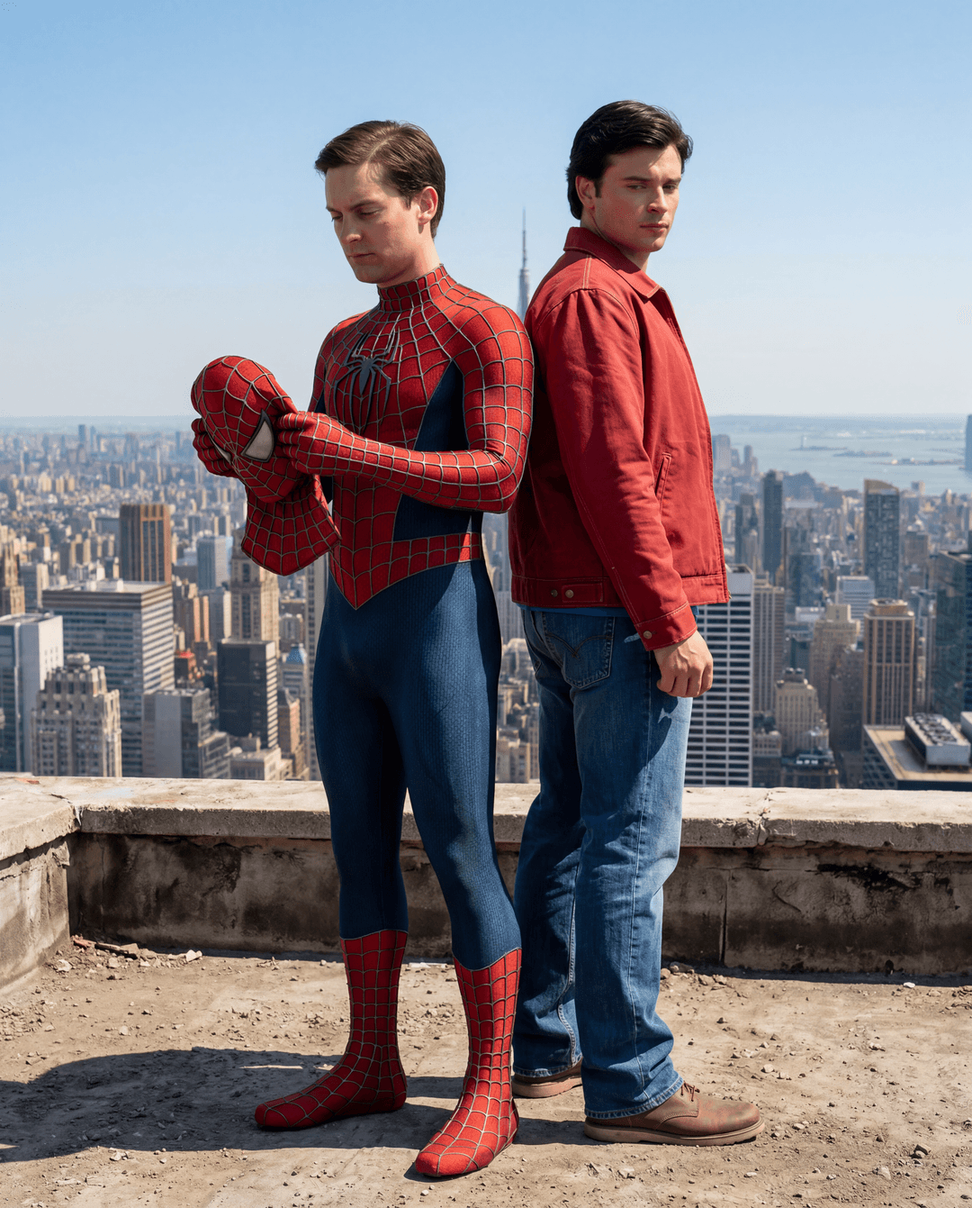 **Prompt:** hyperrealistic, cinematic still, full body shot of Tobey Maguire as Spider-Man, unmasked, holding his mask, standing back-to-back with Tom Welling as Clark Kent, on a weathered concrete rooftop overlooking a sprawling New York City skyline at high noon, clear blue sky, intricate suit textures, highly detailed, sharp focus, octane render, film grain, photorealistic, 8k.