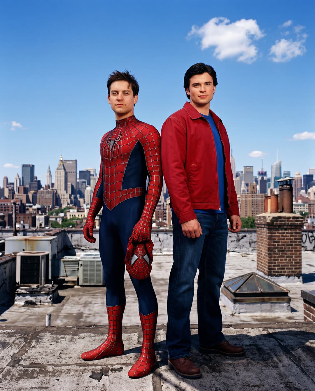 **Prompt:**

Hyperrealistic, cinematic still of Tobey Maguire as Spider-Man standing back-to-back with Tom Welling as Clark Kent, full body shot. Spider-Man is holding his mask in his right hand. They are positioned on a grimy, detailed concrete city rooftop, overlooking a sprawling, hyper-detailed New York City skyline under a clear, vibrant daytime sky. Both subjects are looking directly into the camera with a confident, heroic gaze. The lighting is natural and diffuse, highlighting the intricate textures of their suits and the urban environment. Ultra-sharp focus, professional photography, 8K, highly detailed, photorealistic, volumetric lighting, atmospheric.