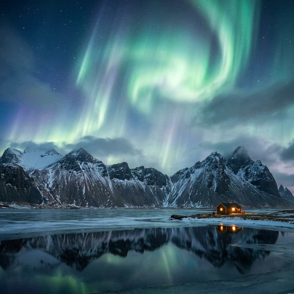 A magical aurora over snow-capped mountains at twilight, cinematic 4K, volumetric lighting, ultra-detailed landscape photography