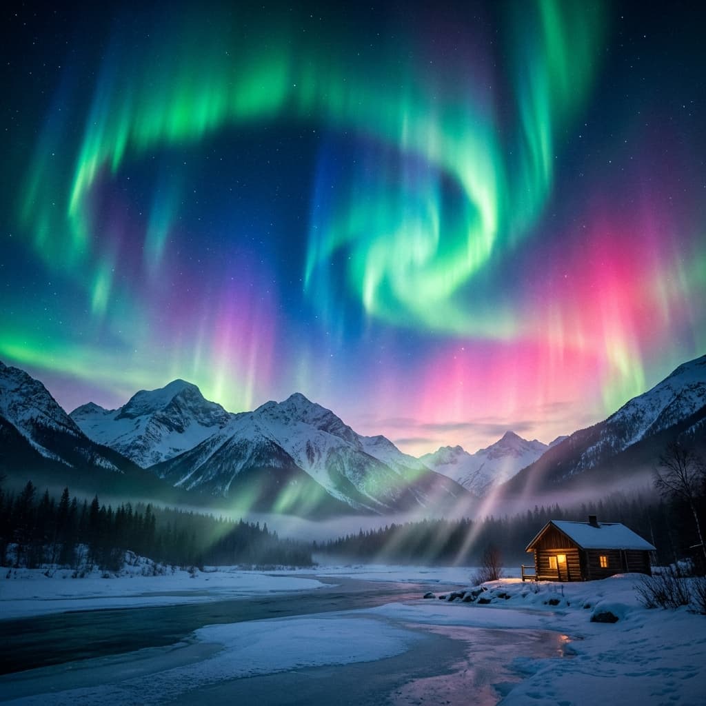 A magical aurora over snow-capped mountains at twilight, cinematic 4K, volumetric lighting, ultra-detailed landscape photography