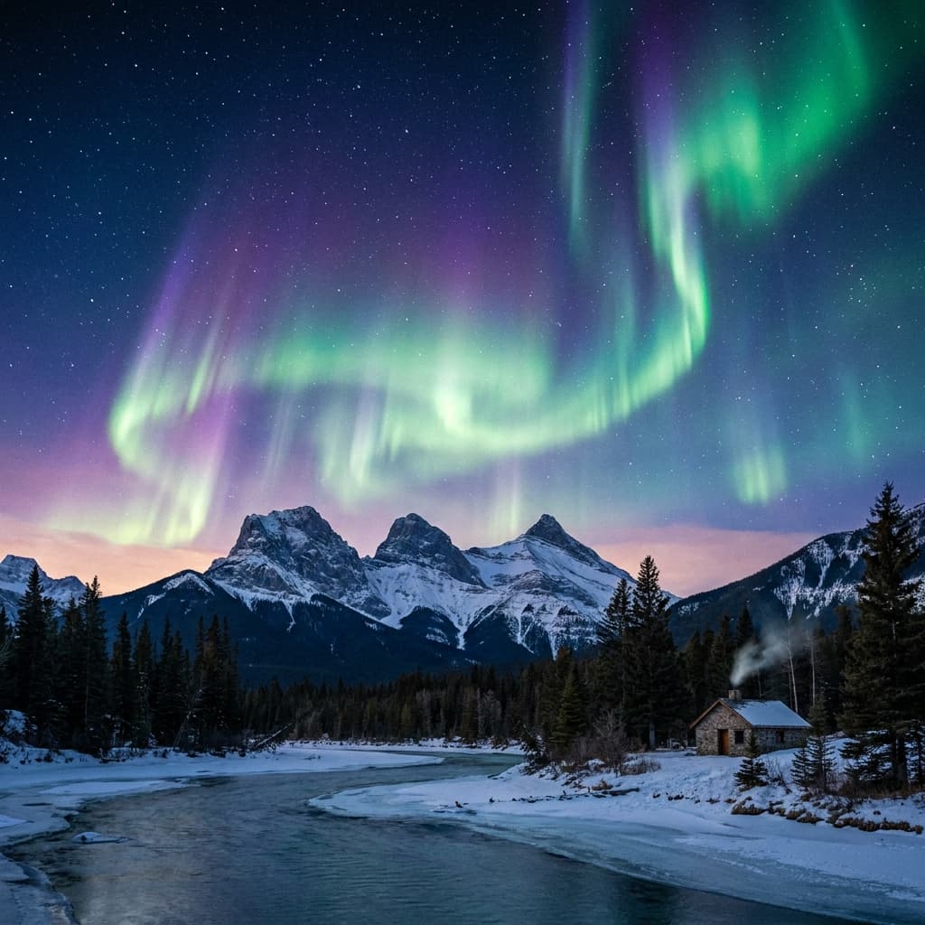 A magical aurora over snow-capped mountains at twilight, cinematic 4K, volumetric lighting, ultra-detailed landscape photography