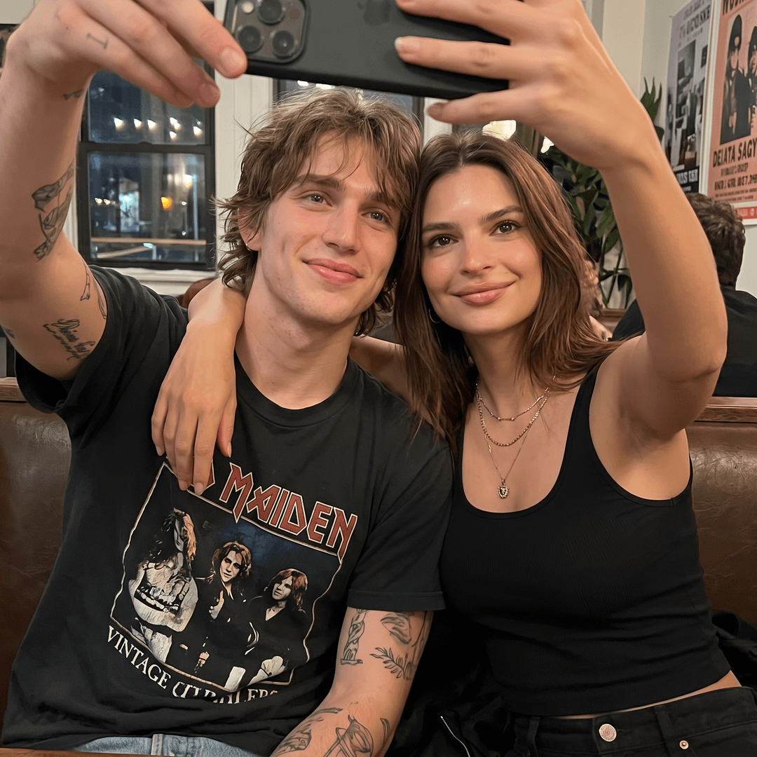 Vinnie Hacker and Emily Ratajkowski posing as a couple in a selfie
