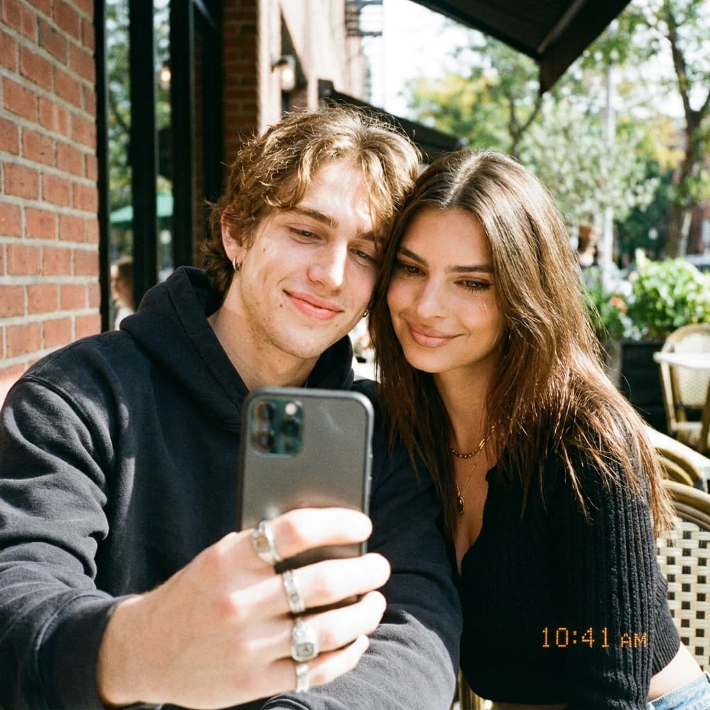Vinnie Hacker and Emily Ratajkowski posing as a couple in a selfie POV