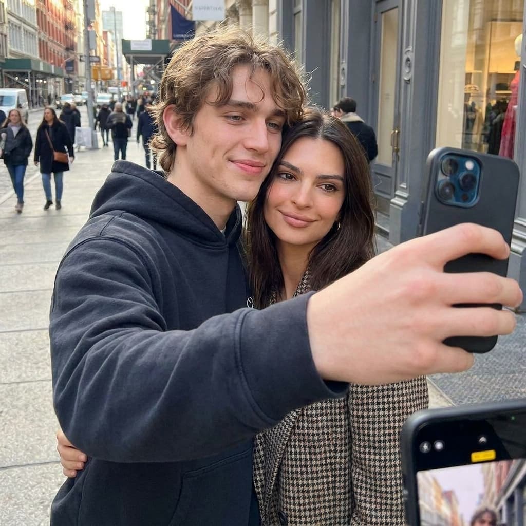 Vinnie Hacker and Emily Ratajkowski posing as a couple in a selfie POV