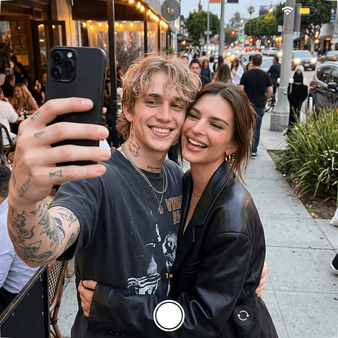 Vinnie Hacker and Emily Ratajkowski posing as a couple in a selfie from the phones POV