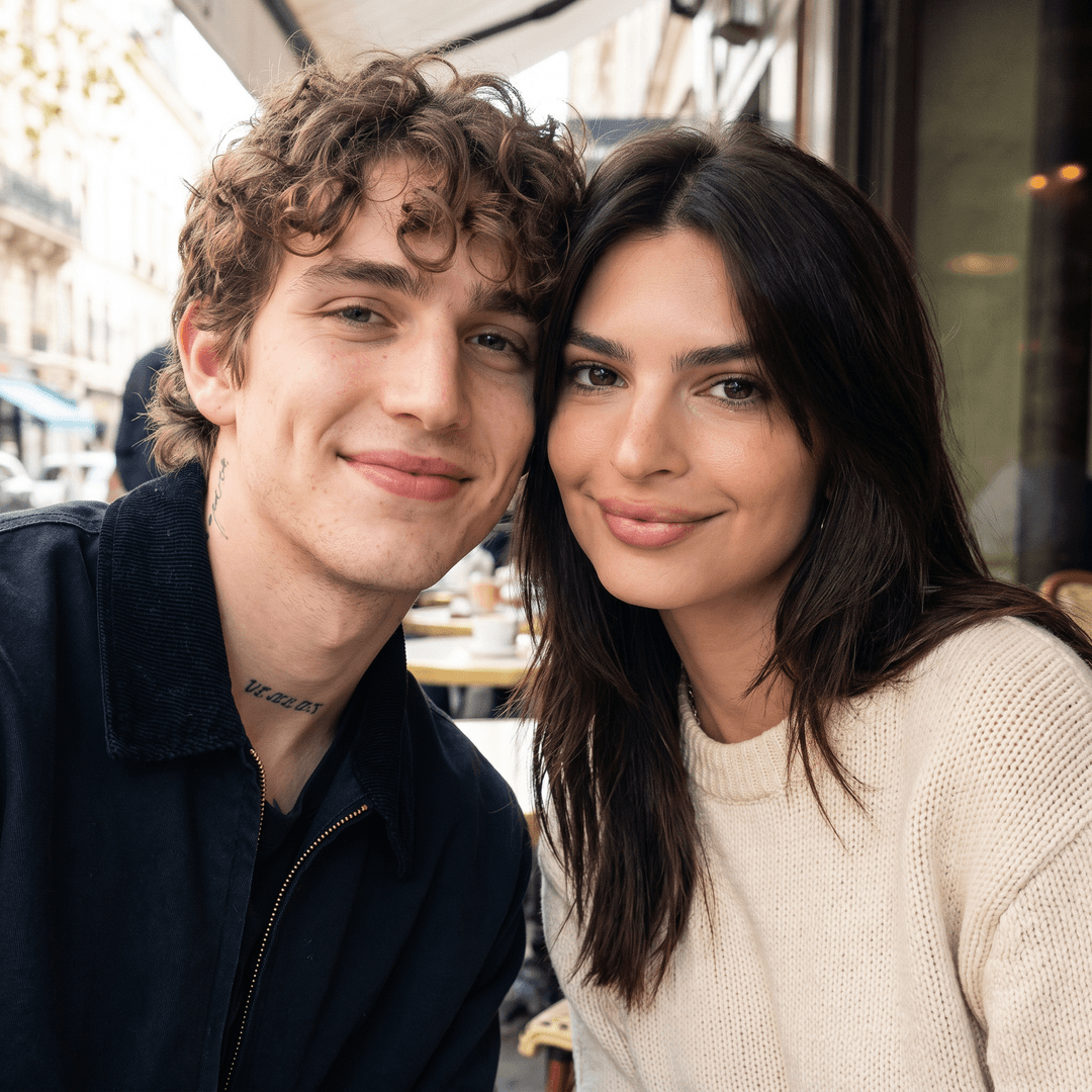 Head shot of Vinnie Hacker and Emily Ratajkowski posing as a couple