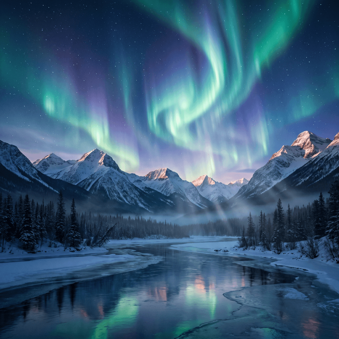 A magical aurora over snow-capped mountains at twilight, cinematic 4K, volumetric lighting, ultra-detailed landscape photography