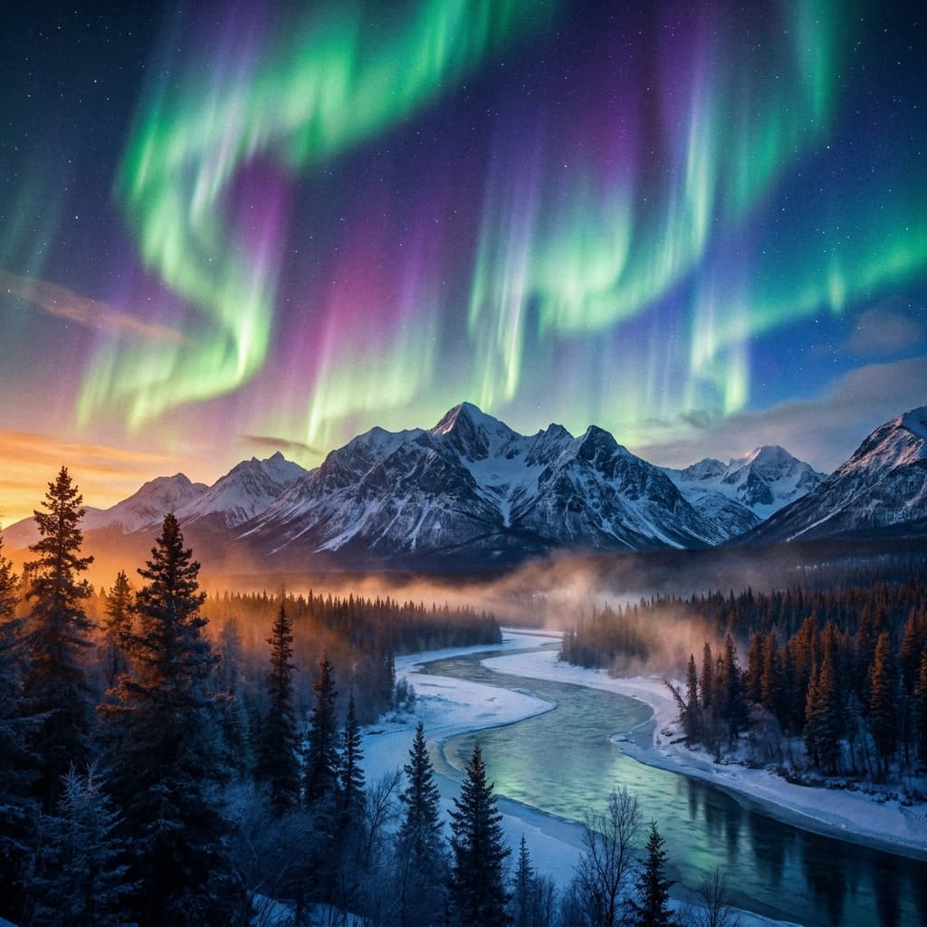 A magical aurora over snow-capped mountains at twilight, cinematic 4K, volumetric lighting, ultra-detailed landscape photography