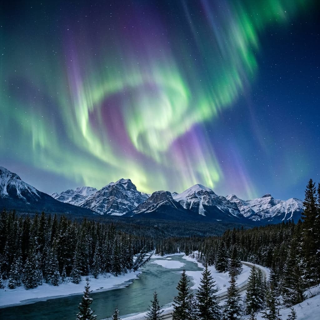 A magical aurora over snow-capped mountains at twilight, cinematic 4K, volumetric lighting, ultra-detailed landscape photography