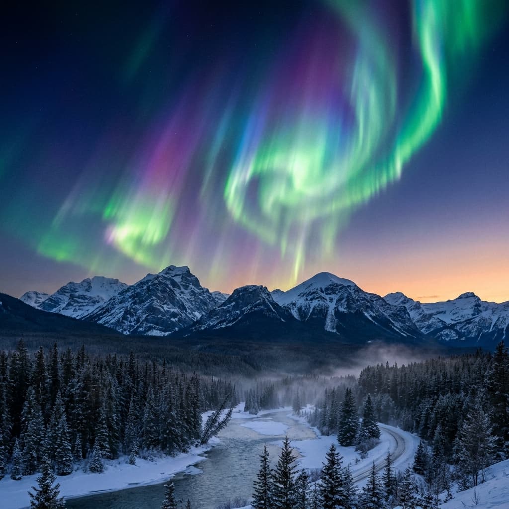 A magical aurora over snow-capped mountains at twilight, cinematic 4K, volumetric lighting, ultra-detailed landscape photography