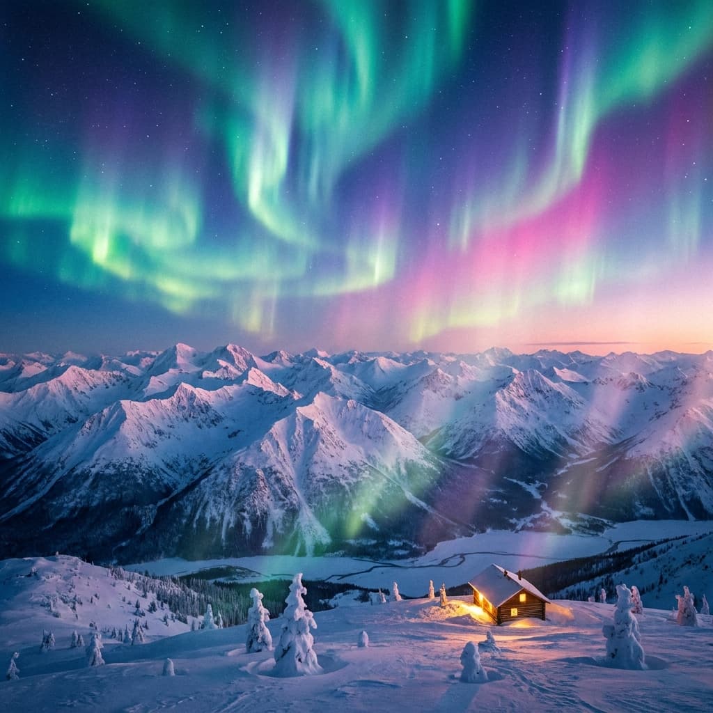 A magical aurora over snow-capped mountains at twilight, cinematic 4K, volumetric lighting, ultra-detailed landscape photography