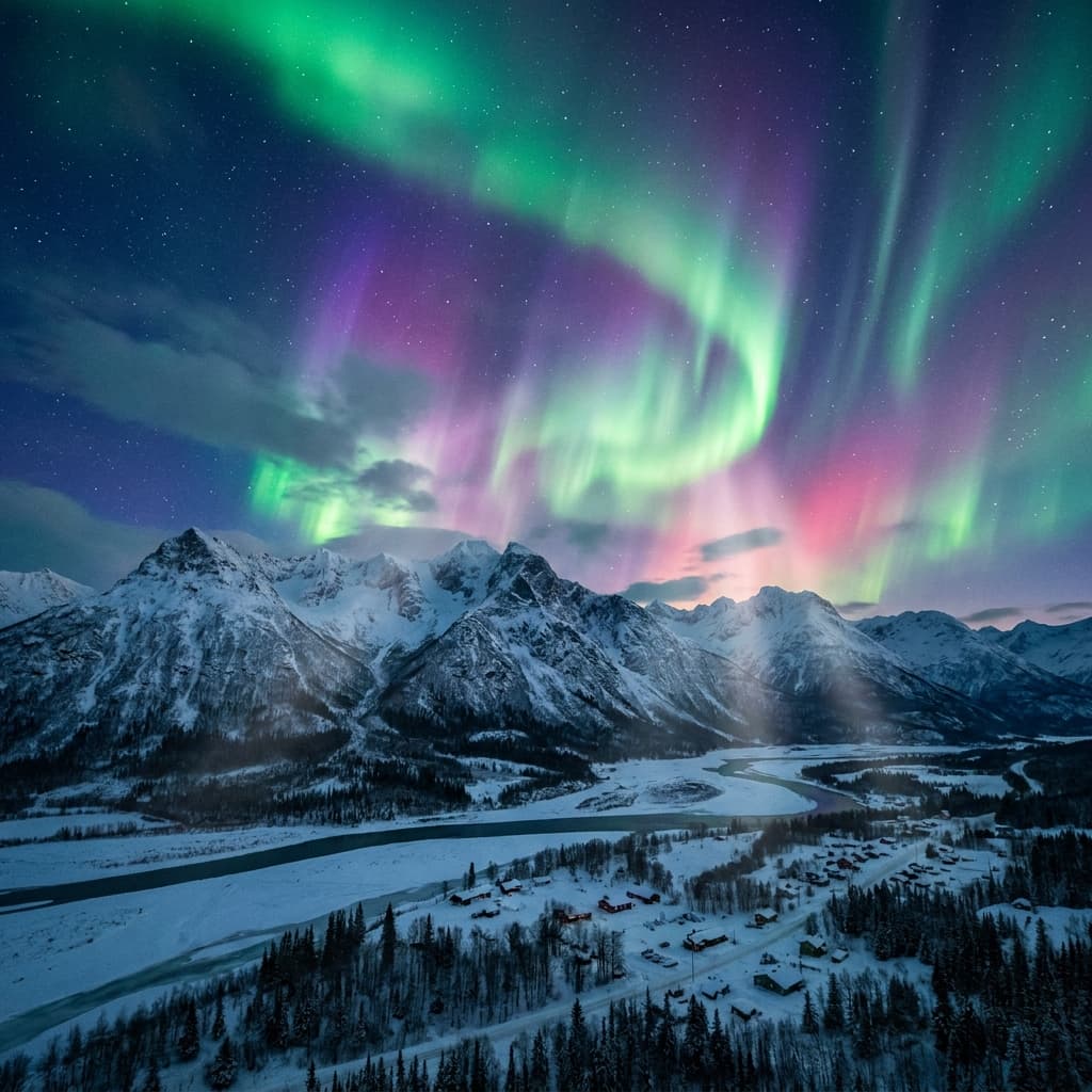 A magical aurora over snow-capped mountains at twilight, cinematic 4K, volumetric lighting, ultra-detailed landscape photography
