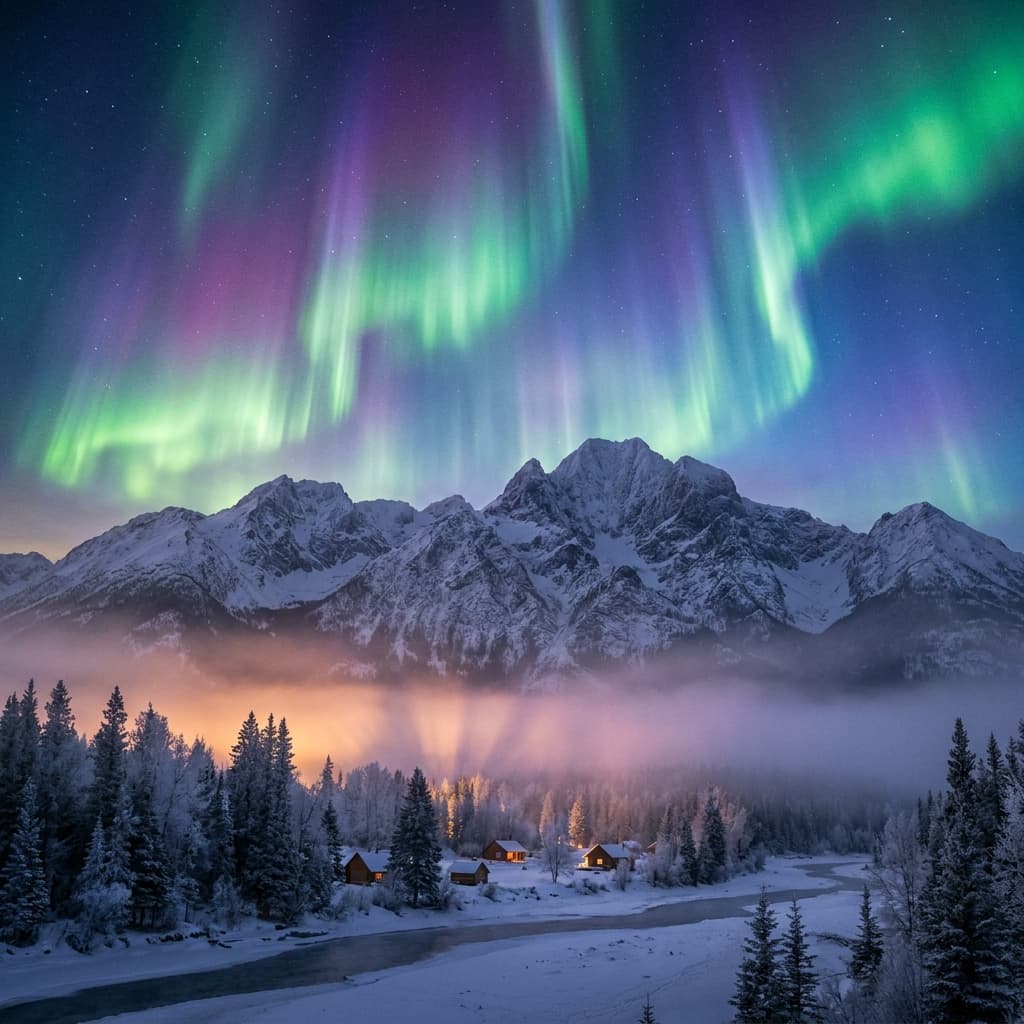 A magical aurora over snow-capped mountains at twilight, cinematic 4K, volumetric lighting, ultra-detailed landscape photography