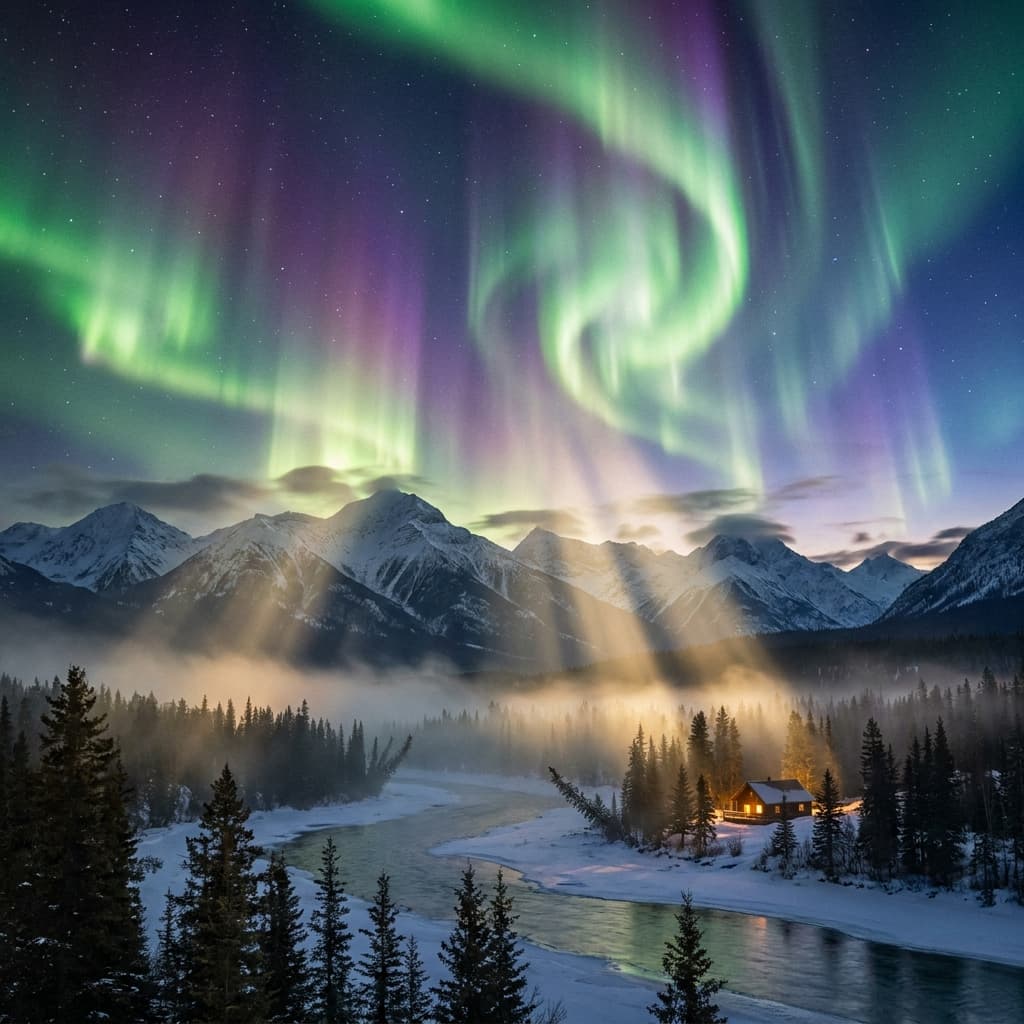 A magical aurora over snow-capped mountains at twilight, cinematic 4K, volumetric lighting, ultra-detailed landscape photography