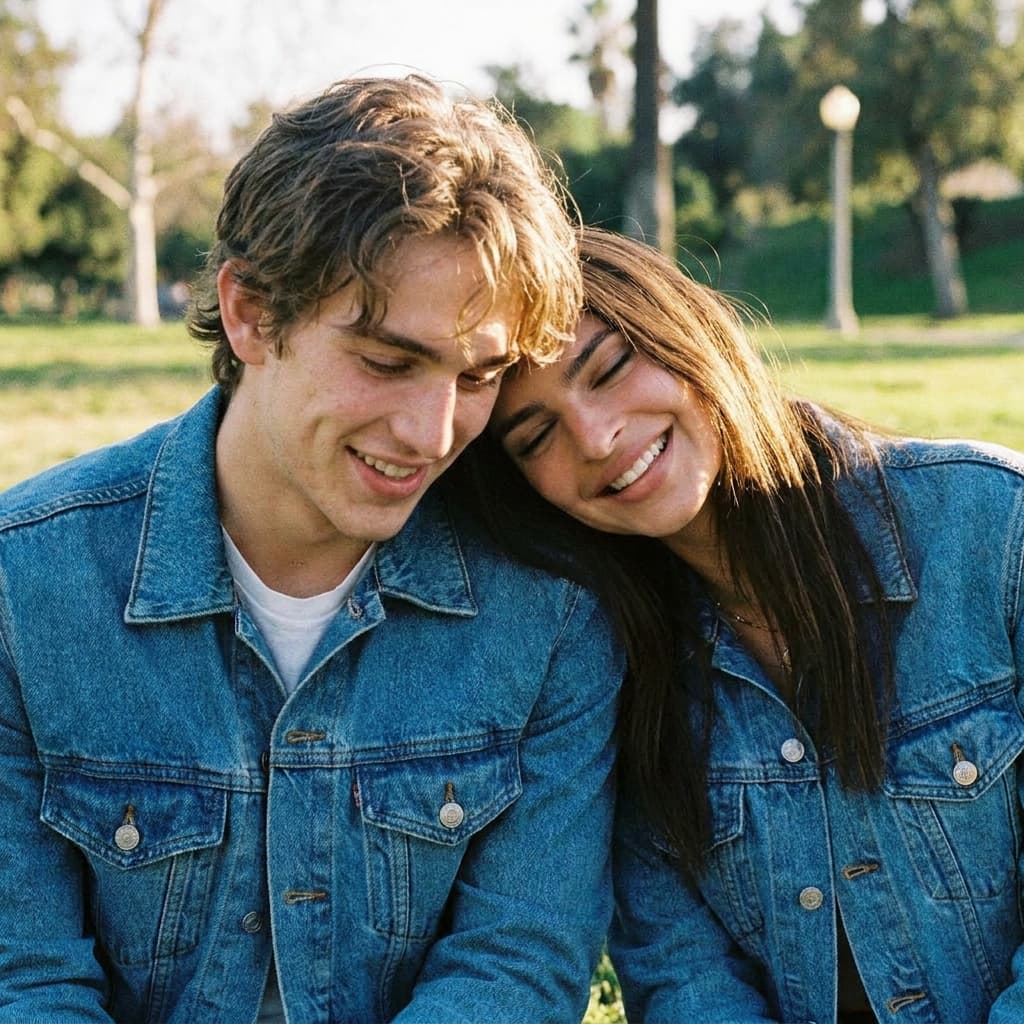 Cute and candid headshot of Vinnie Hacker and Emily Ratajkowski as a couple