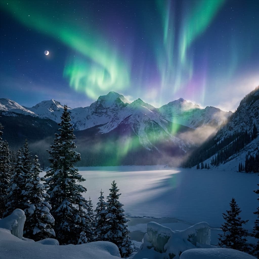 A magical aurora over snow-capped mountains at twilight, cinematic 4K, volumetric lighting, ultra-detailed landscape photography