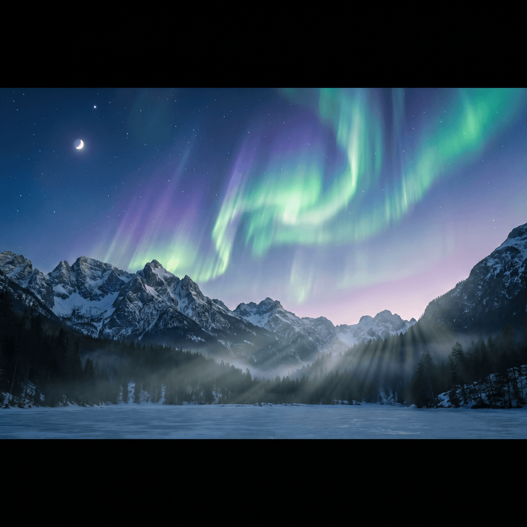 A magical aurora over snow-capped mountains at twilight, cinematic 4K, volumetric lighting, ultra-detailed landscape photography