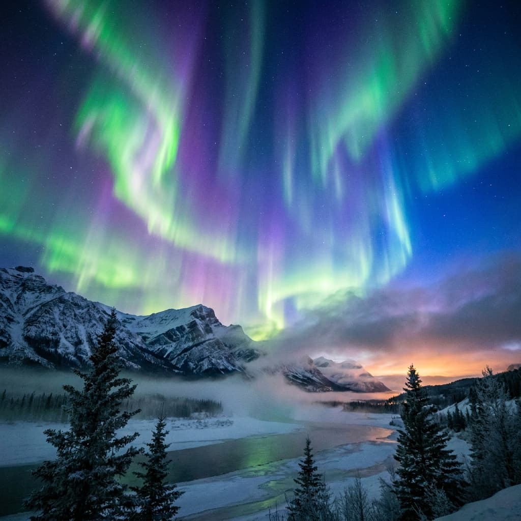 A magical aurora over snow-capped mountains at twilight, cinematic 4K, volumetric lighting, ultra-detailed landscape photography