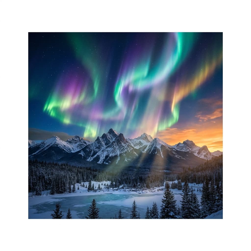 A magical aurora over snow-capped mountains at twilight, cinematic 4K, volumetric lighting, ultra-detailed landscape photography
