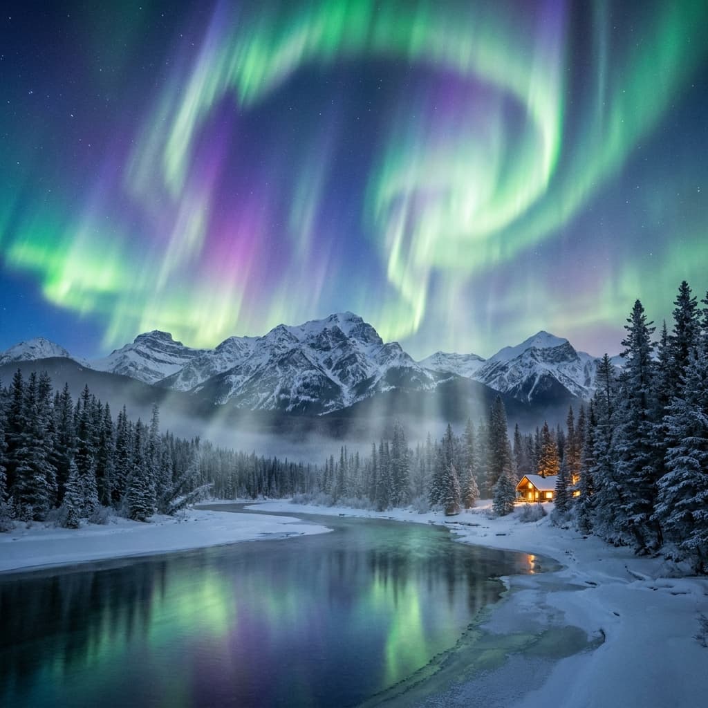 A magical aurora over snow-capped mountains at twilight, cinematic 4K, volumetric lighting, ultra-detailed landscape photography