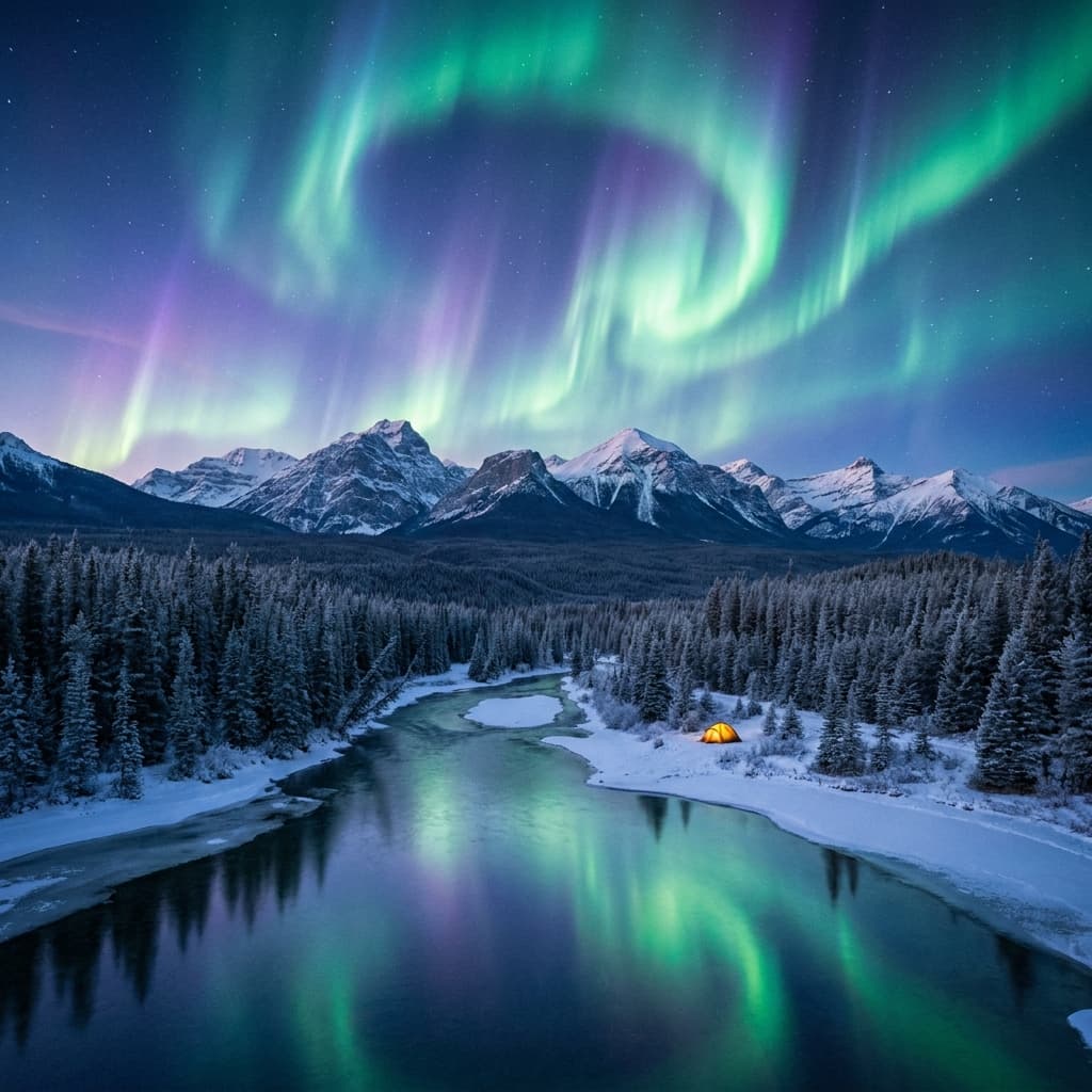 A magical aurora over snow-capped mountains at twilight, cinematic 4K, volumetric lighting, ultra-detailed landscape photography