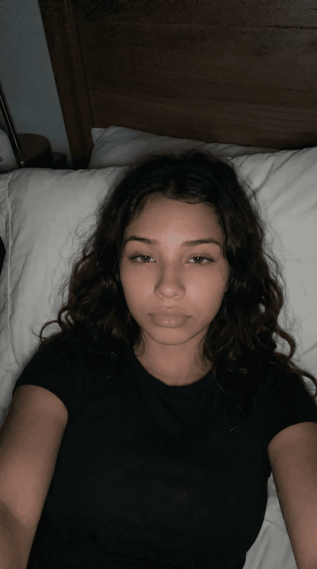 Make a unique combination of these females on a bed selfie like Snapchat baddies upward postion while she laid back in bed with a darker background quality can be little shaky but clear like a realistic bed selfie would b but nonchalant expression young 