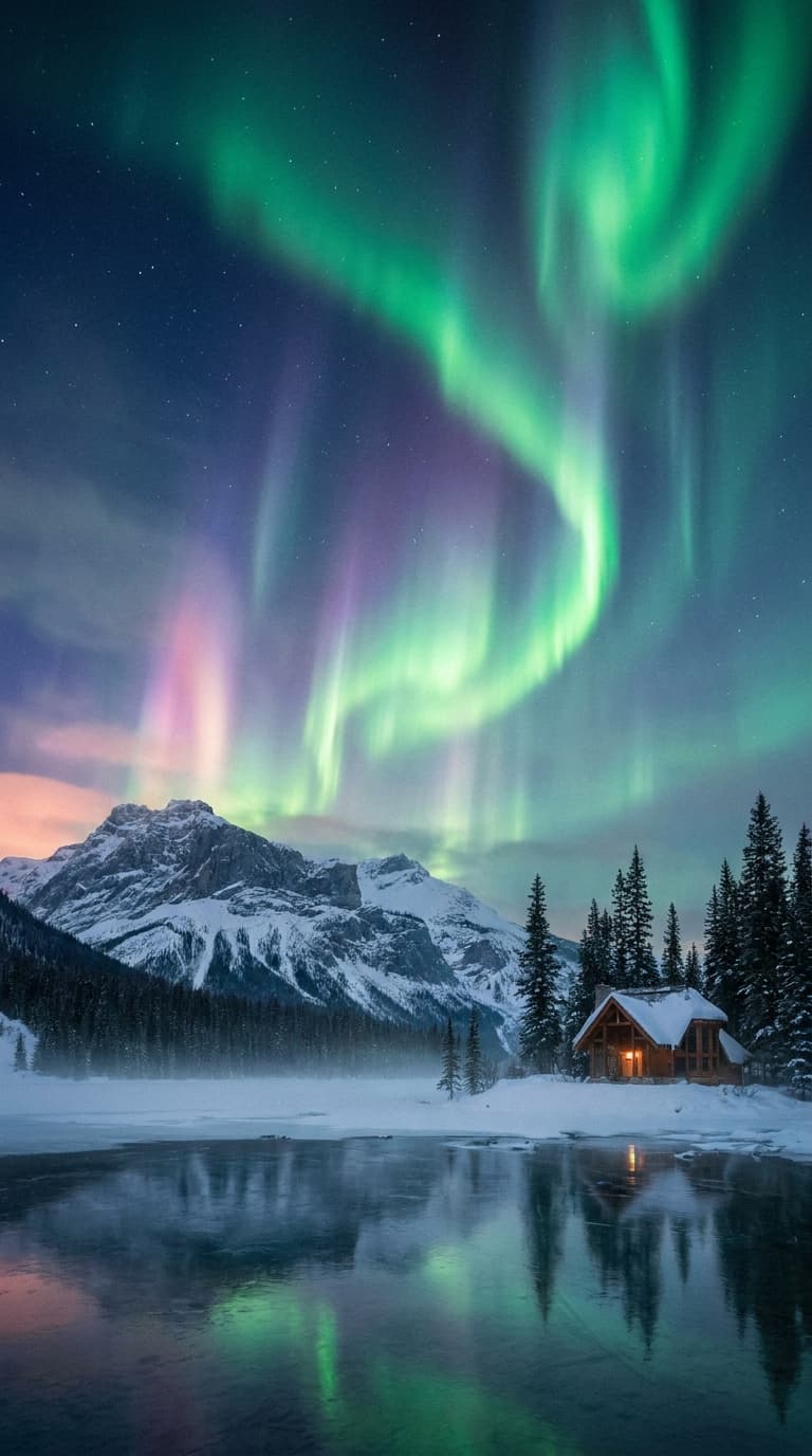 A magical aurora over snow-capped mountains at twilight, cinematic 4K, volumetric lighting, ultra-detailed landscape photography