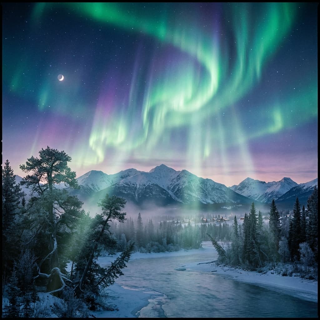 A magical aurora over snow-capped mountains at twilight, cinematic 4K, volumetric lighting, ultra-detailed landscape photography