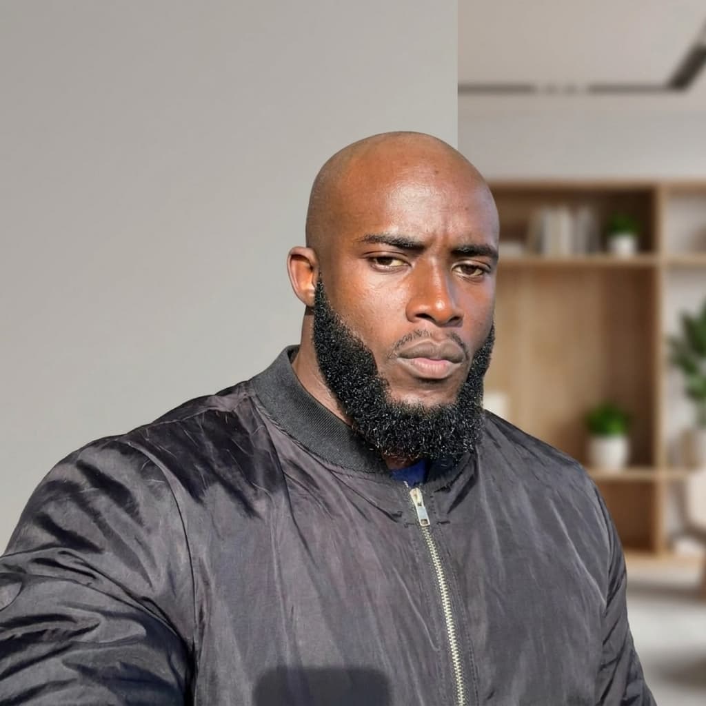 make him mascular bold no hair in his head well defined beard 
