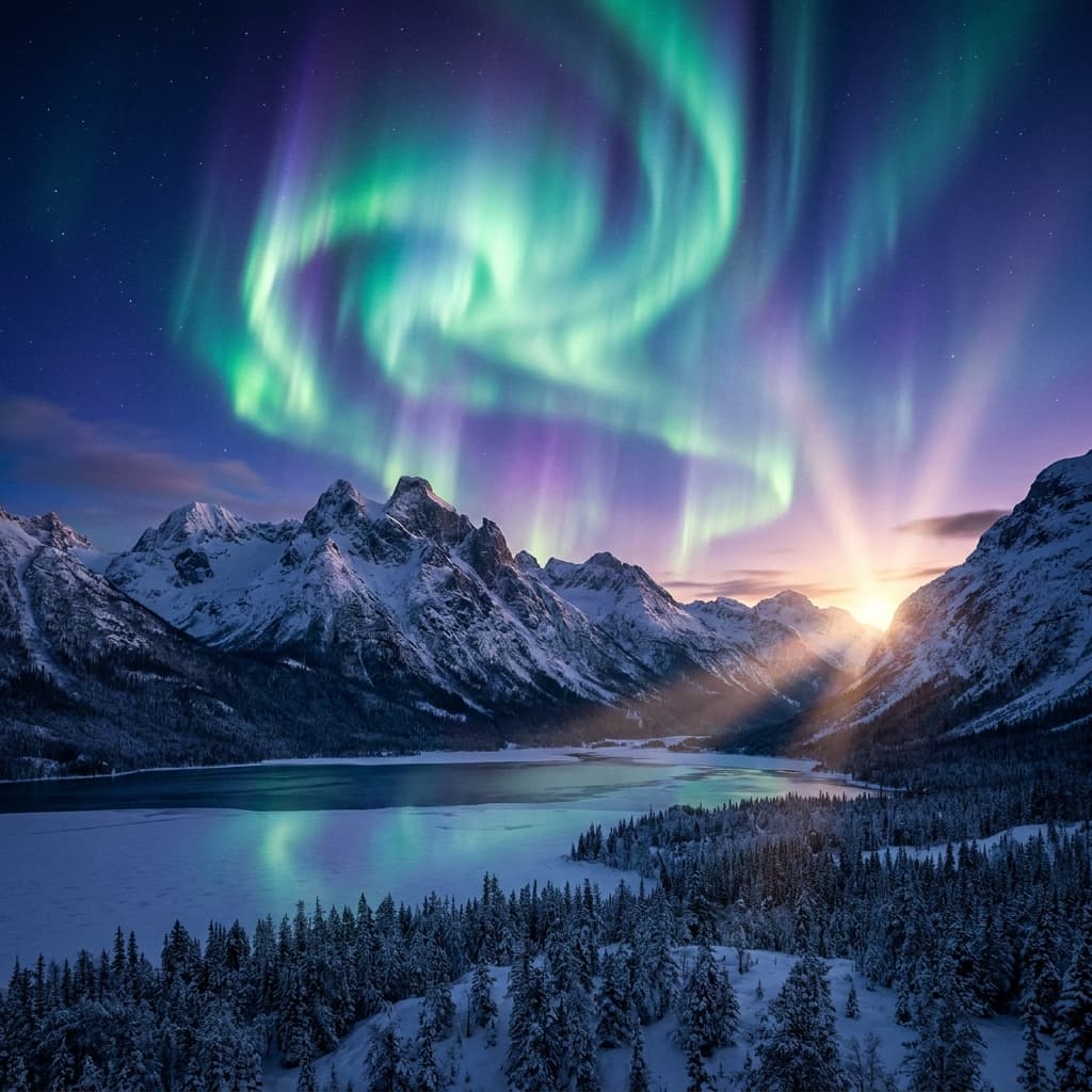 A magical aurora over snow-capped mountains at twilight, cinematic 4K, volumetric lighting, ultra-detailed landscape photography