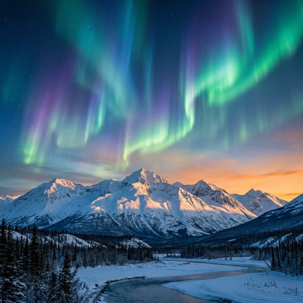 A magical aurora over snow-capped mountains at twilight, cinematic 4K, volumetric lighting, ultra-detailed landscape photography