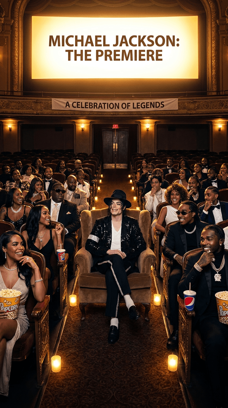 “Ultra-realistic cinematic tribute scene inside a massive luxury movie theater featuring Michael Jackson seated proudly in the center during the premiere of his new movie on a giant glowing screen. The theater is filled with legendary late music artists from different generations all together enjoying the film in a warm, emotional, peaceful atmosphere. Include tribute-style versions of icons such as Aaliyah, Tupac Shakur, The Notorious B.I.G., Prince, Whitney Houston, Takeoff, XXXTentacion, Juice WRLD, Nipsey Hussle, Pop Smoke, and many other legendary passed music artists seated throughout the theater. Most of them are focused on the movie screen smiling and entertained, while a few are looking at one another laughing warmly. Some are eating popcorn from large movie buckets, some are drinking from soda cups with straws, others are eating candy or snacks while enjoying the film. Everyone is dressed in stylish designer clothing, elegant outfits, luxury jewelry, and signature-inspired fashion styles. The theater has glowing aisle lights, luxury velvet seats, cinematic shadows, warm golden lighting reflecting off faces, emotional and nostalgic energy, realistic skin textures, highly detailed expressions, Hollywood premiere atmosphere, ultra detailed 8K masterpiece, emotional celebration of music legends.”