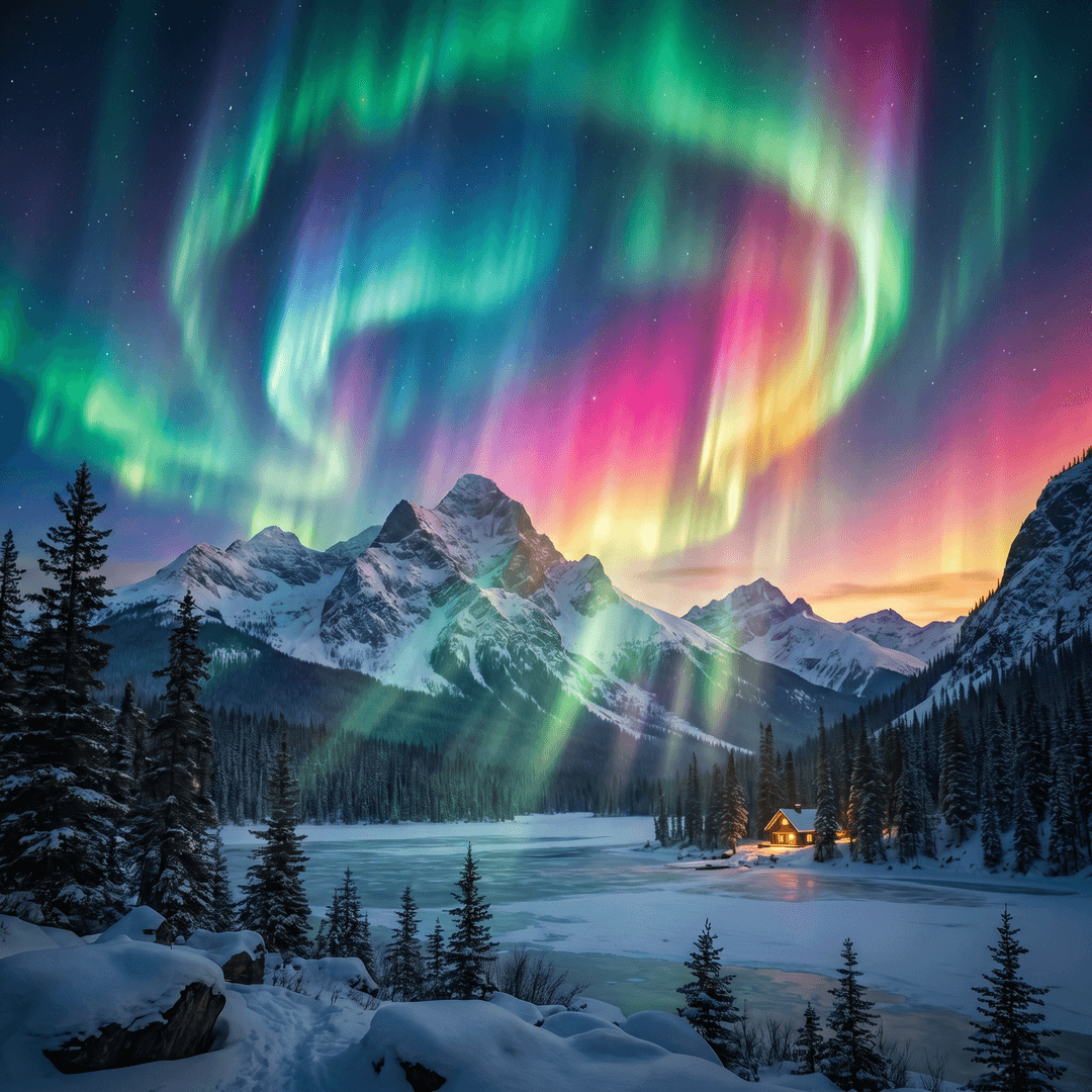 A magical aurora over snow-capped mountains at twilight, cinematic 4K, volumetric lighting, ultra-detailed landscape photography