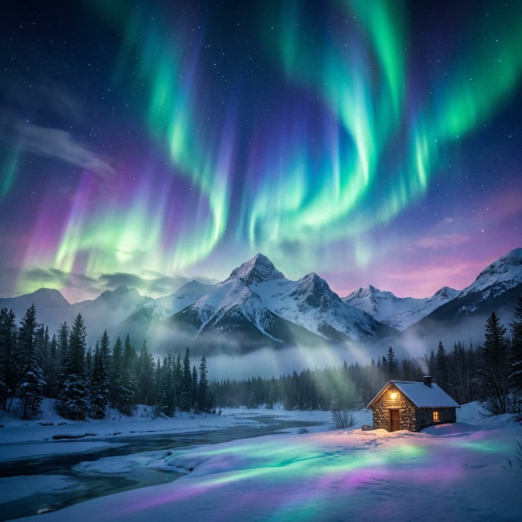 A magical aurora over snow-capped mountains at twilight, cinematic 4K, volumetric lighting, ultra-detailed landscape photography