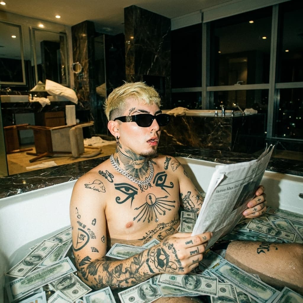 Hyper-realistic, raw, candid, documentary,
photojournalism, paparazzi night style photography, leaked photo, private archive, authentic, accidental luxury, unedited. The man reading a newspaper, same tattoos on neck, chest, arms and hands, fully recognizable, with realistic likeness and natural proportions, same facial features. Scene & Narrative: Inside a pool full of one hundred dollars inside a penthouse bathroom, furniture slightly displaced around. The space feels private, and lived-in, not staged for a photoshoot. Wardrobe & Details: The man wears no shirt, only black luxury sunglasses and a with cuban link diamond chain on. Camera & Optics: Shot on a wide-angle lens (28mm), handheld, imperfect framing. Slight motion blur, uneven focus, minor digital artifacts, and high-ISO noise are visible. Lighting: Harsh on-camera flash as the primary light source, creating strong specular highlights on skin and textures and deep, aggressive shadows. The background falls into darkness, with only practical lights. Color Grading: Dirty cinematic color grading with crushed blacks and muted highlights. Dominant tones: deep greens, cold blues,
and tungsten-orange accents. A subtle greenish or amber color cast. Strong film grain, digital noise, slight vignetting, uneven exposure. Realism & Post-Processing: Natural skin texture with visible pores and imperfections. No beauty retouching, no plastic or CGI look. No clean studio lighting, no perfect symmetry. Overall Mood: Spontaneous. Feels like a private moment never meant to be seen, captured accidentally.