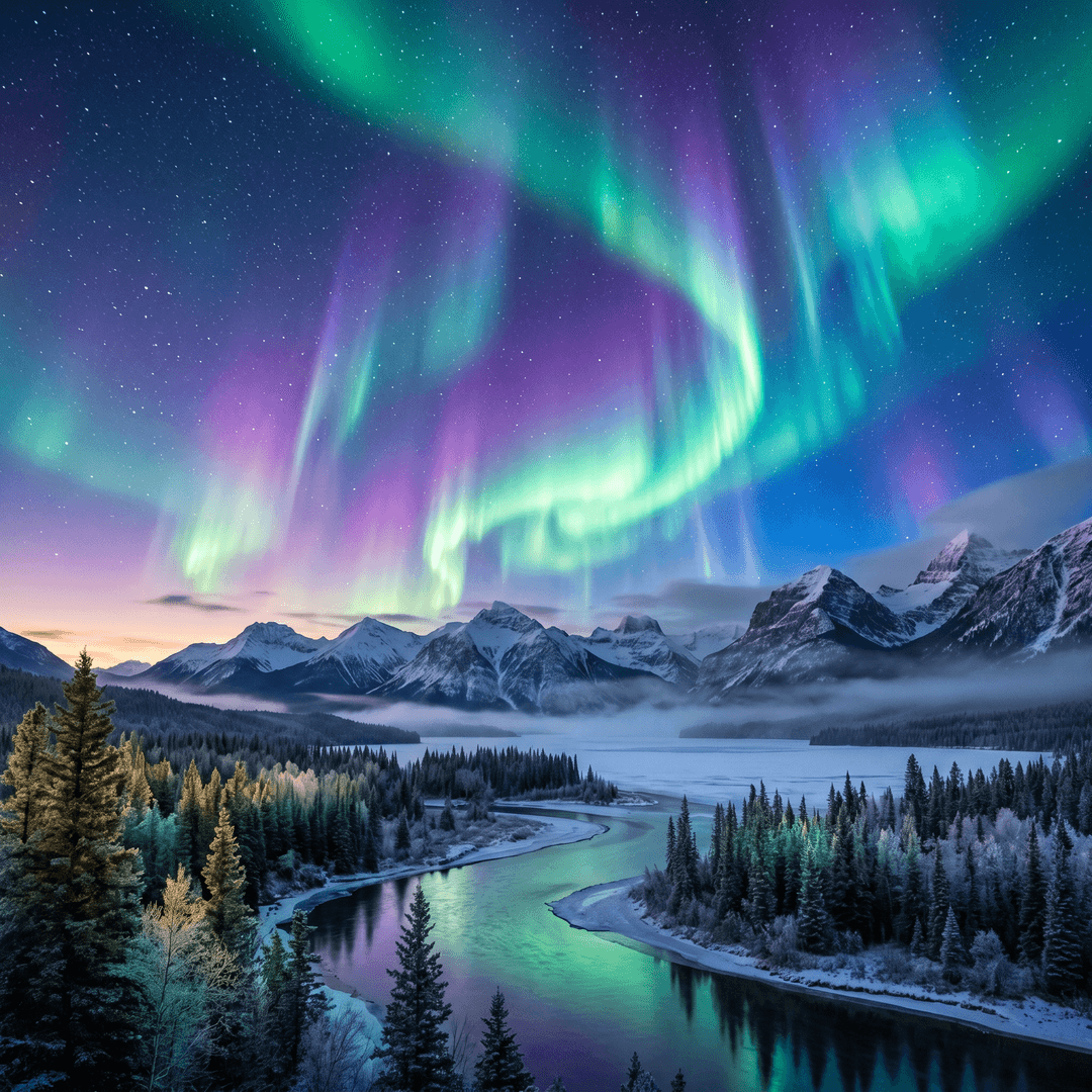 A magical aurora over snow-capped mountains at twilight, cinematic 4K, volumetric lighting, ultra-detailed landscape photography