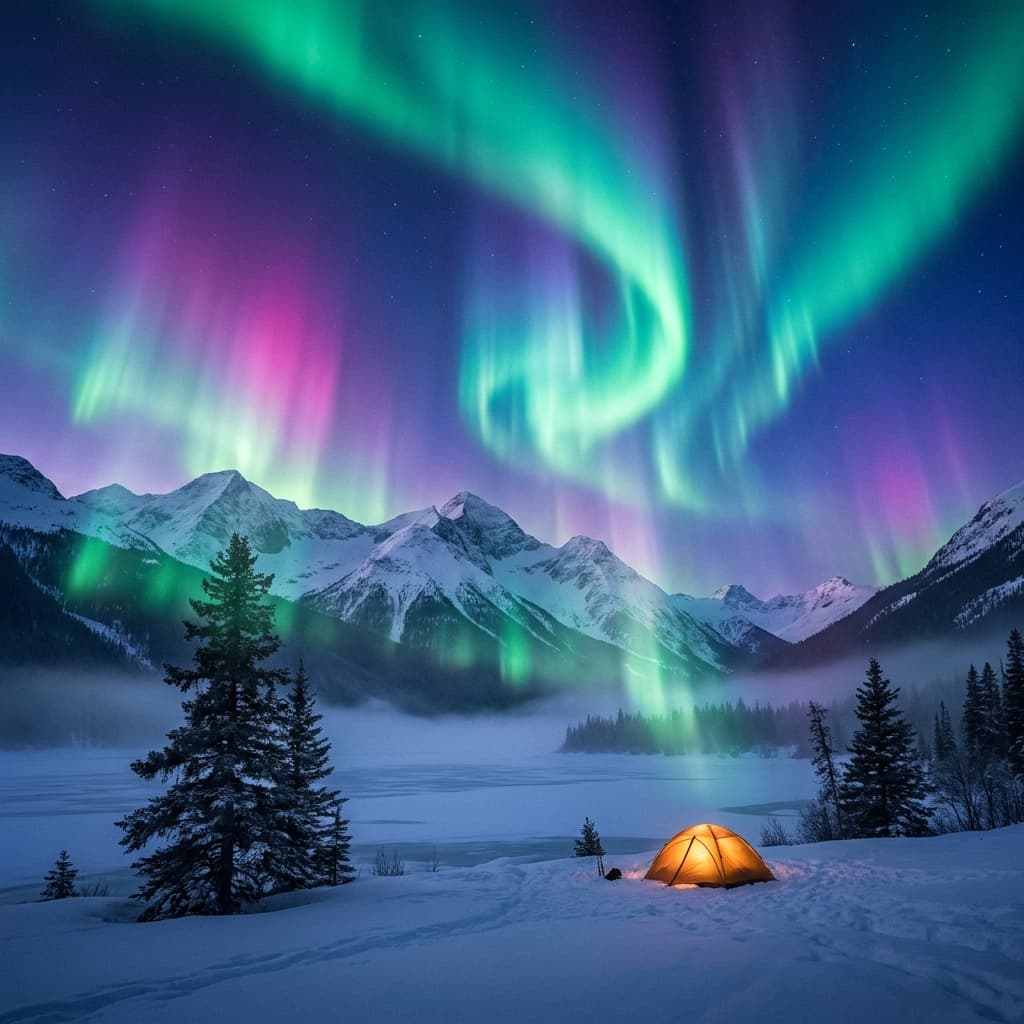 A magical aurora over snow-capped mountains at twilight, cinematic 4K, volumetric lighting, ultra-detailed landscape photography
