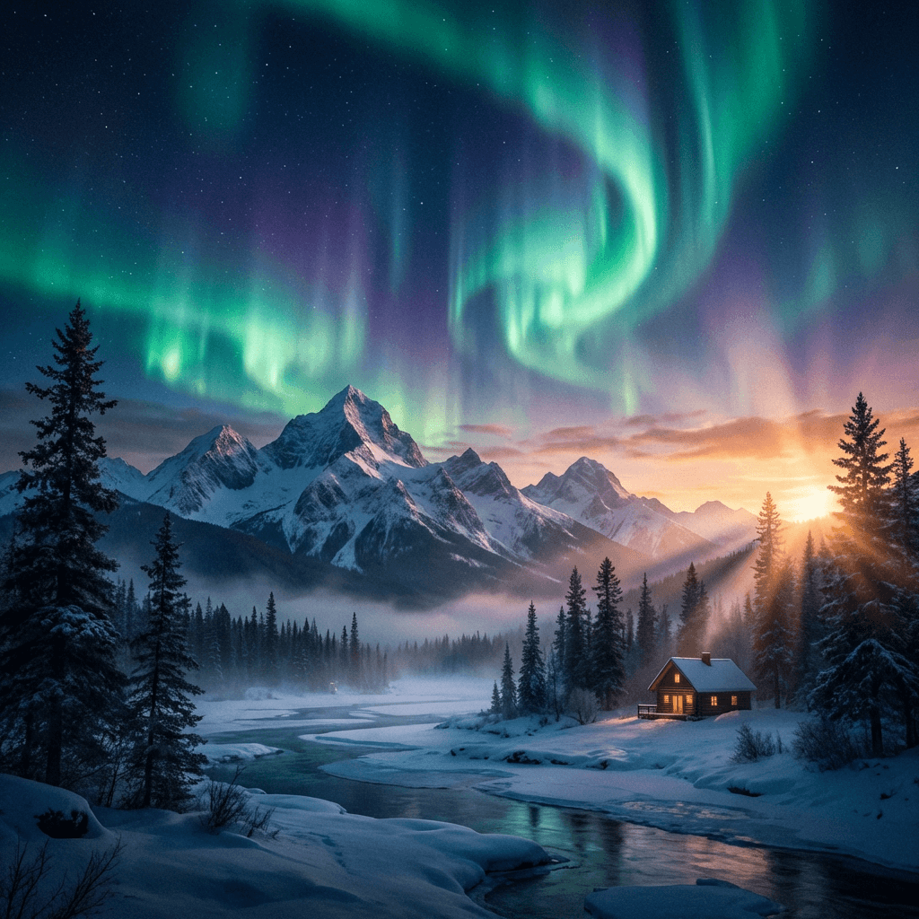 A magical aurora over snow-capped mountains at twilight, cinematic 4K, volumetric lighting, ultra-detailed landscape photography