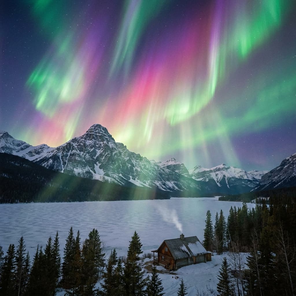 A magical aurora over snow-capped mountains at twilight, cinematic 4K, volumetric lighting, ultra-detailed landscape photography