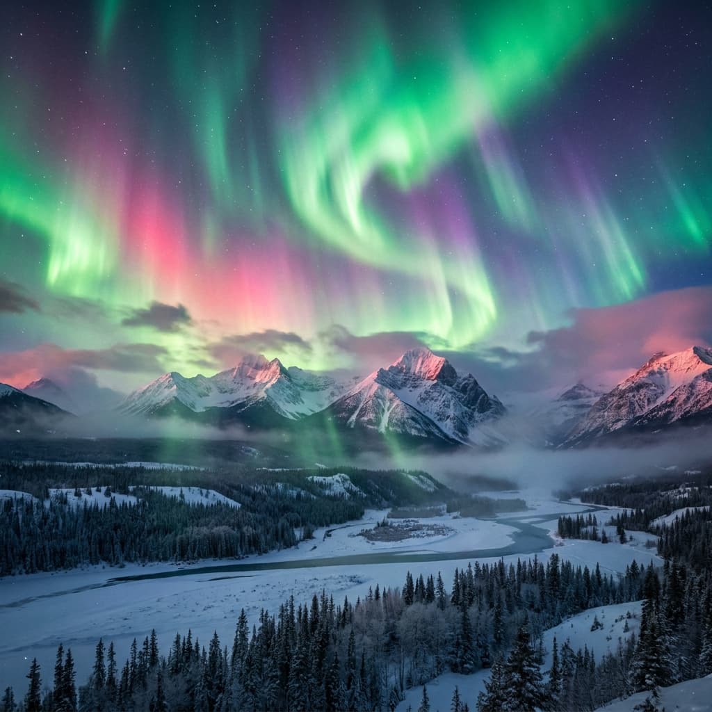 A magical aurora over snow-capped mountains at twilight, cinematic 4K, volumetric lighting, ultra-detailed landscape photography