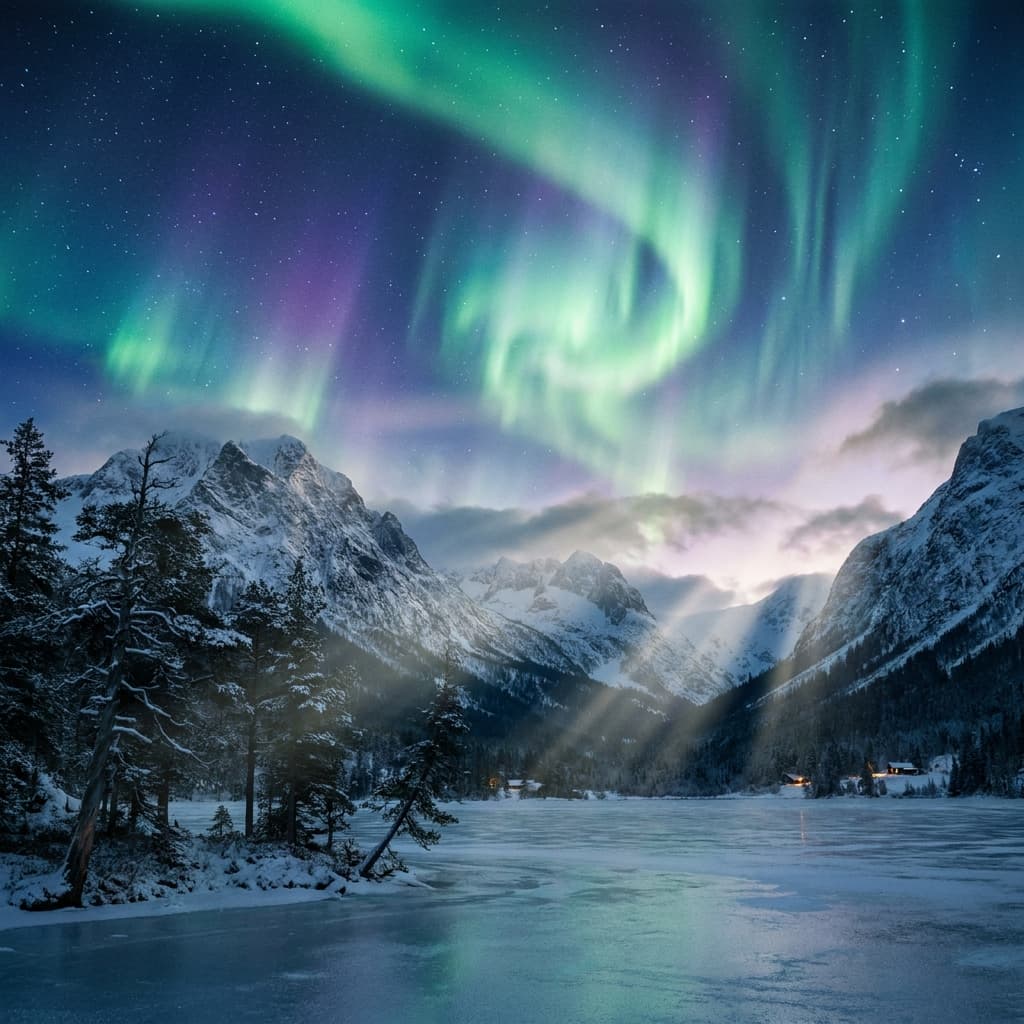 A magical aurora over snow-capped mountains at twilight, cinematic 4K, volumetric lighting, ultra-detailed landscape photography