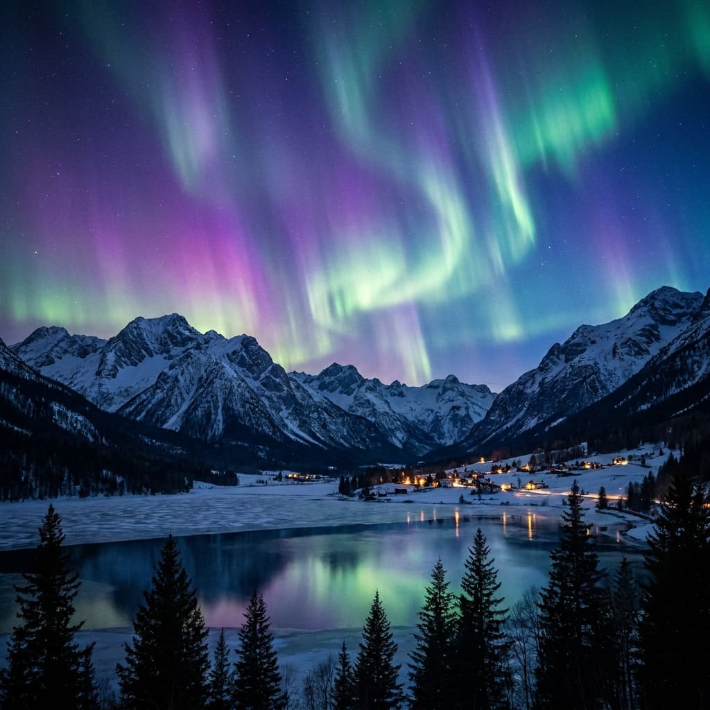 A magical aurora over snow-capped mountains at twilight, cinematic 4K, volumetric lighting, ultra-detailed landscape photography