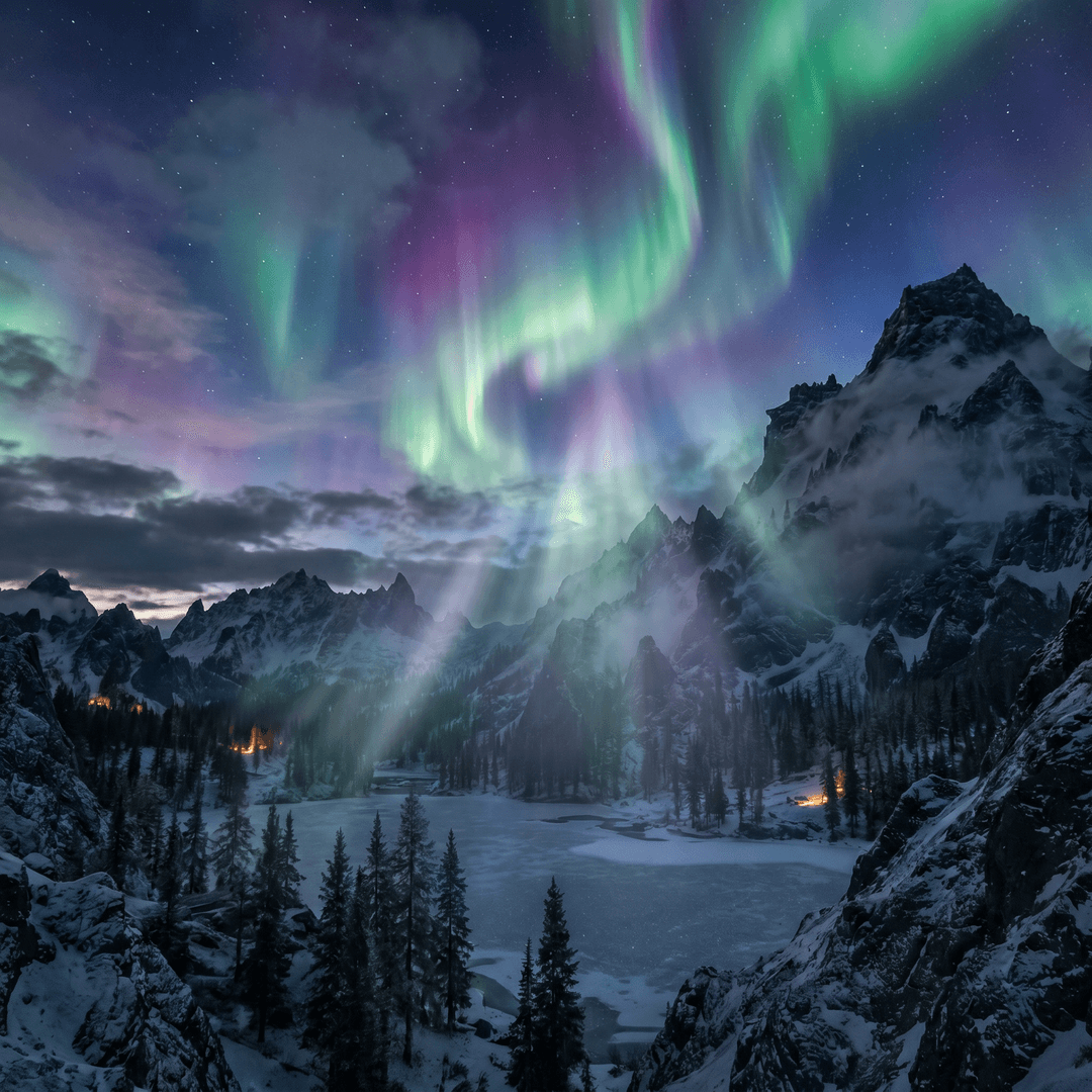 A magical aurora over snow-capped mountains at twilight, cinematic 4K, volumetric lighting, ultra-detailed landscape photography