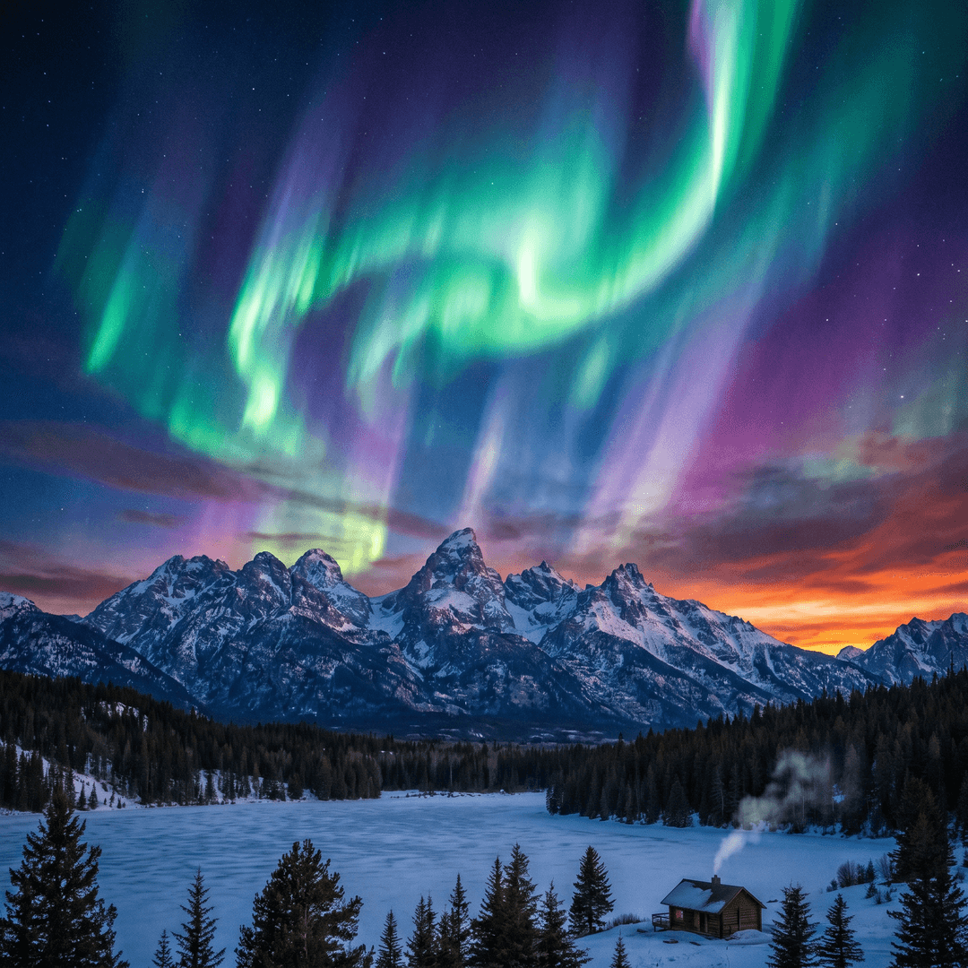 A magical aurora over snow-capped mountains at twilight, cinematic 4K, volumetric lighting, ultra-detailed landscape photography