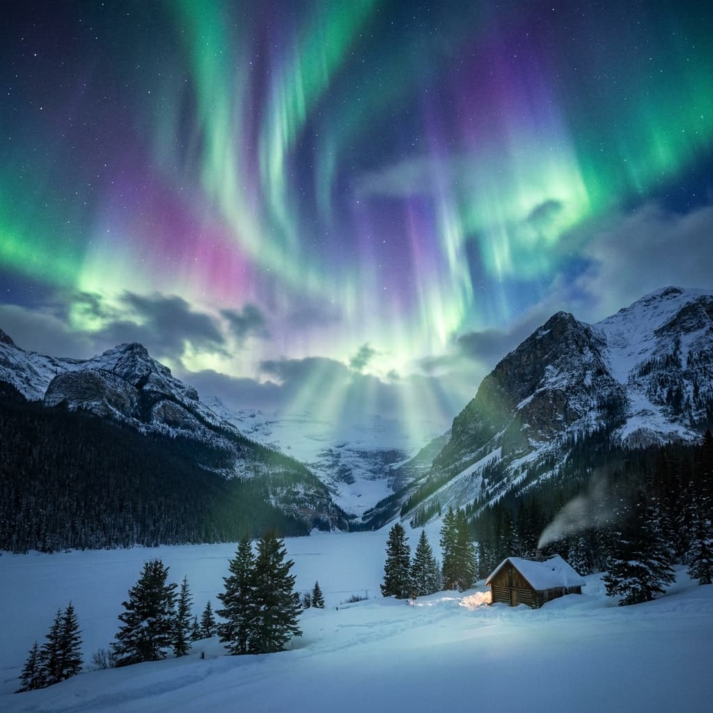 A magical aurora over snow-capped mountains at twilight, cinematic 4K, volumetric lighting, ultra-detailed landscape photography