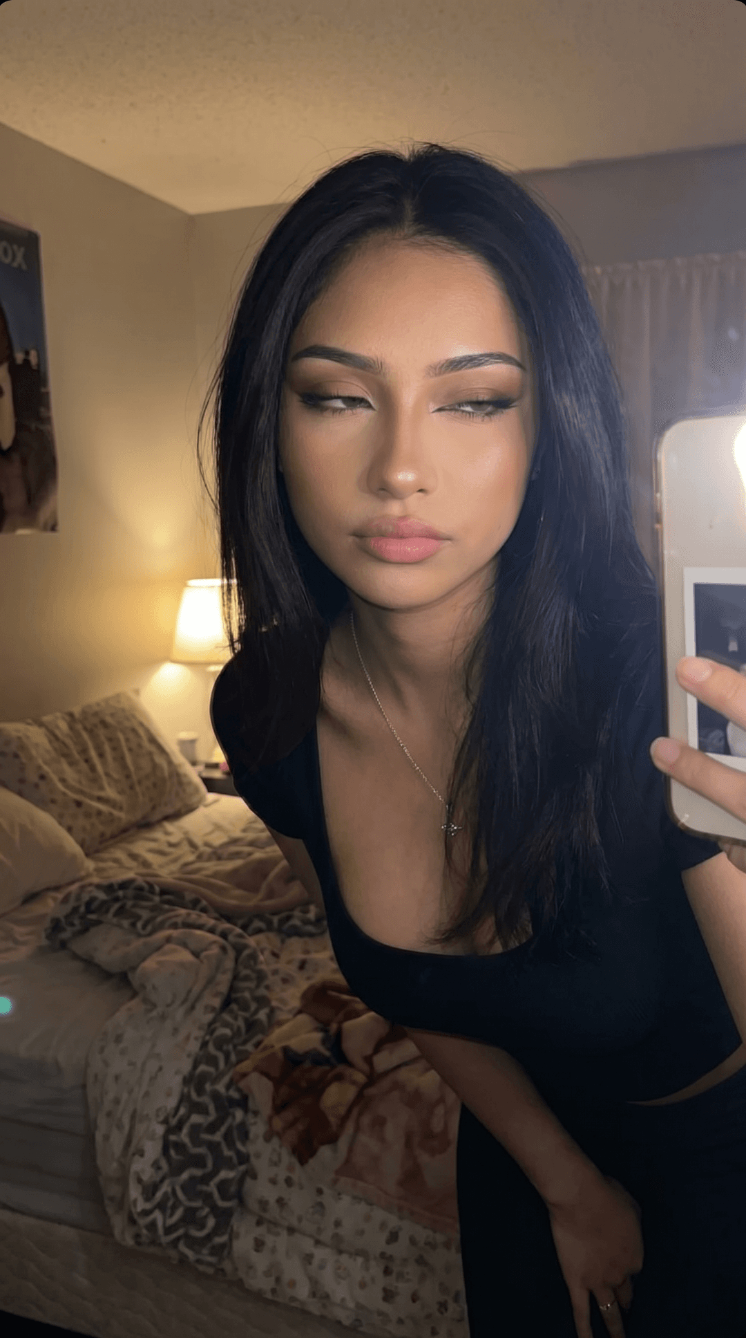 Make thirst trap and merge both these photos gud mix of make up not to much realistic semi squinted eyes not to much h