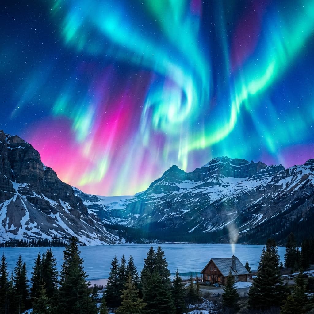 A magical aurora over snow-capped mountains at twilight, cinematic 4K, volumetric lighting, ultra-detailed landscape photography