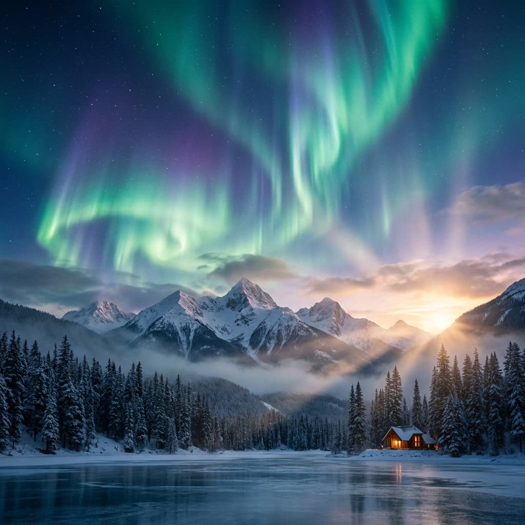 A magical aurora over snow-capped mountains at twilight, cinematic 4K, volumetric lighting, ultra-detailed landscape photography